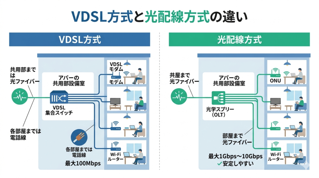 VDSL方式と光配線方式の配線の違いを比較した図