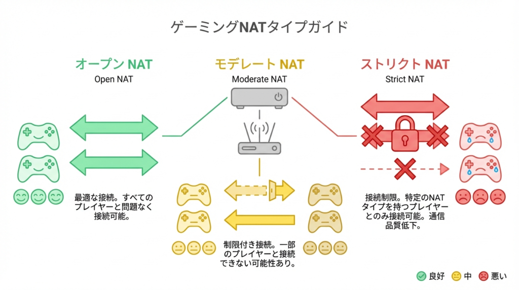 NATタイプの種類(オープン・モデレート・ストリクト)と通信状態の比較図