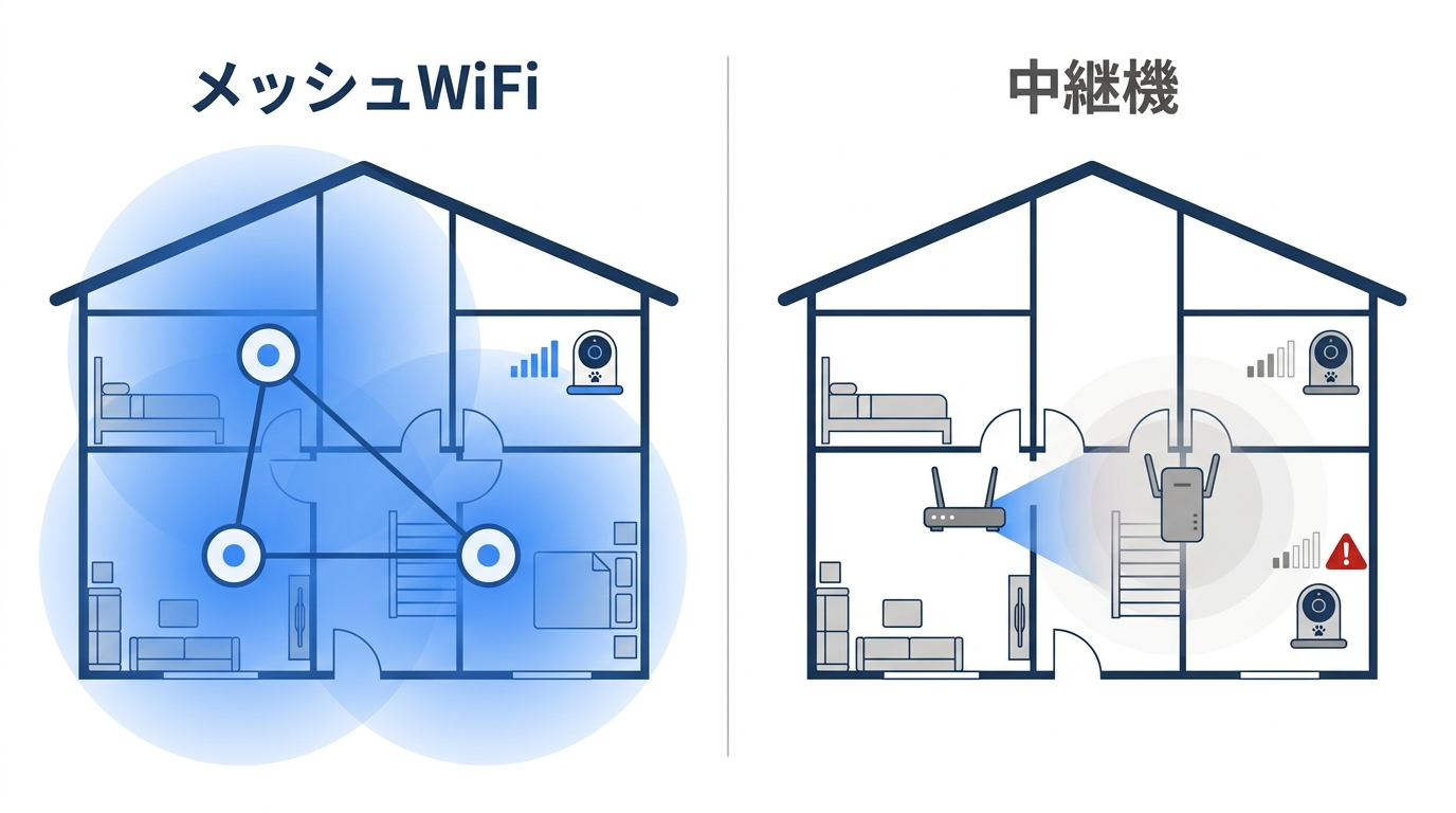 メッシュWiFiと中継機の仕組みの違いを比較したイラスト
