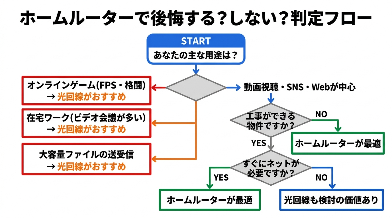 ホームルーターで後悔する?しない?判定フローチャート。主な用途がオンラインゲーム・在宅ワーク・大容量ファイル送受信なら光回線を推奨。動画視聴やSNS中心で工事不可または急ぎの場合はホームルーターが最適。